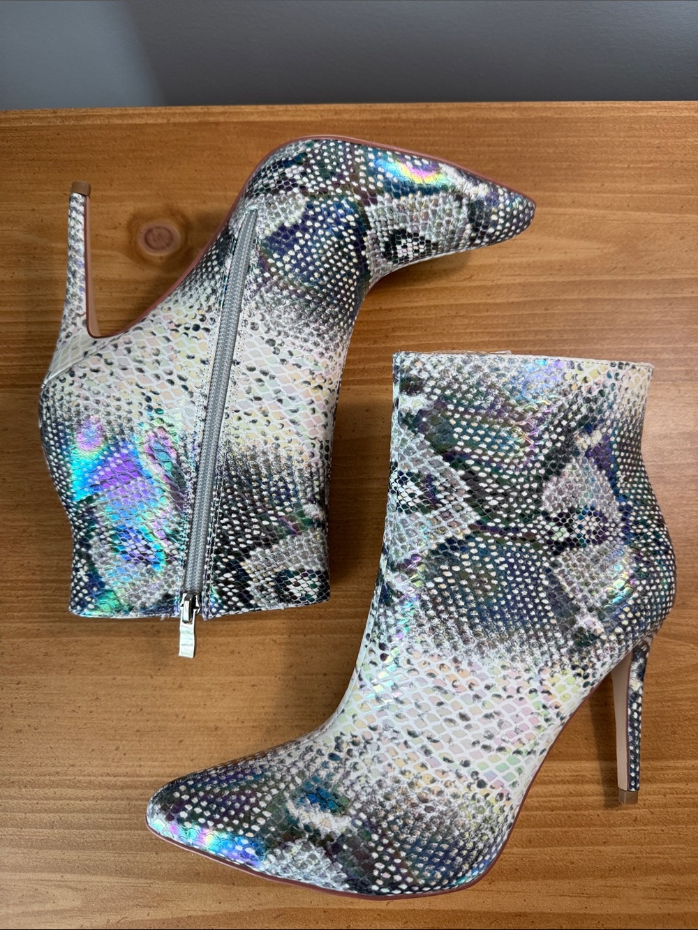 Iridescent Snake-Print Pointed Stiletto Ankle Booties - White/Multi